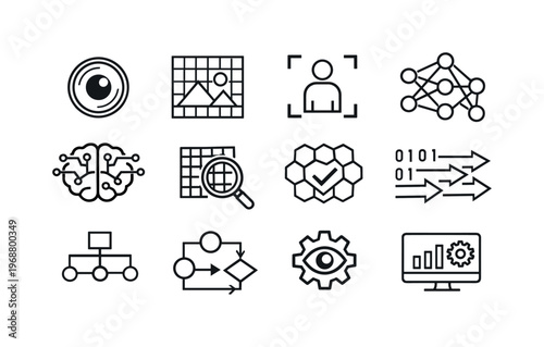 Computer vision technology. Line outline icon set of Computer vision technology: camera lens, image processing