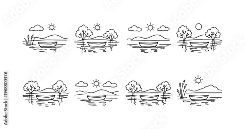 SMALL BOAT ON LAKE WITH SPRING REFLECTIONS. Minimalistic set one-line drawing small boat, lake water ripples,