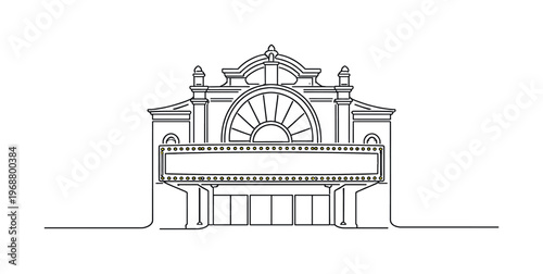 Minimalist Theater Facade. Stage Show Announcement. Minimalistic one-line drawing elegant theater facade with