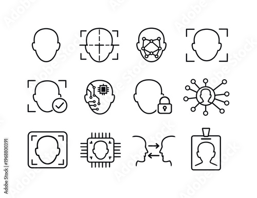 Facial recognition. Line outline icon set of Facial recognition: human face outline, facial scan grid,