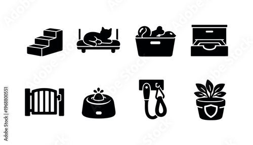 Small apartment pet solutions. Filled icon set of Small apartment pet solutions: space saving pet stairs,