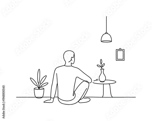 Present Living. Minimalistic one-line drawing seated figure observing simple surroundings with relaxed balance