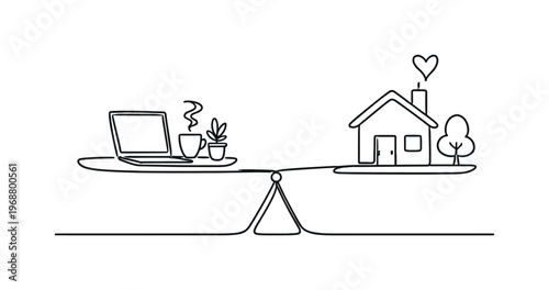 Work-Life Harmony. Minimalistic one-line drawing scale balancing office and home elements expressing