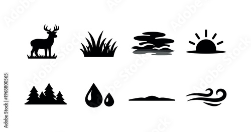 A deer standing in a quiet meadow at dawn, with fog rising from the grass. Filled icon set of A deer standing