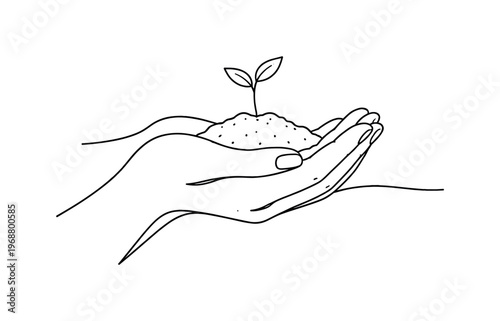 "Hands with Sprouting Seed". Minimalistic one-line drawing gentle hands holding small sprouting seed in soft