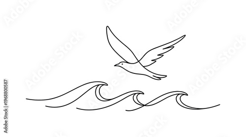 Bird and Waves. Waves and Wings. Minimalistic one-line drawing bird soaring smoothly over curved ocean waves,