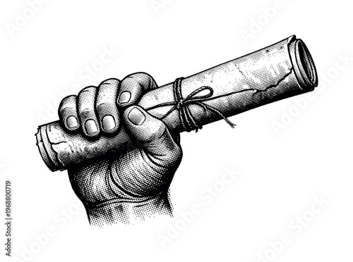 A human hand holding a rolled vintage poster tied with a thin string, focusing on grip and paper texture,