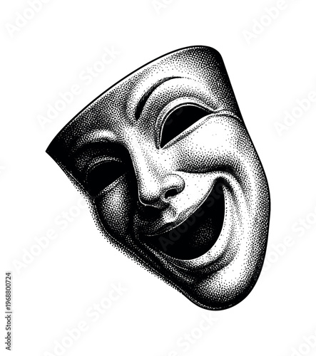 A theater mask tilted at an unusual angle with one side cropped out of frame, depicted in black and white