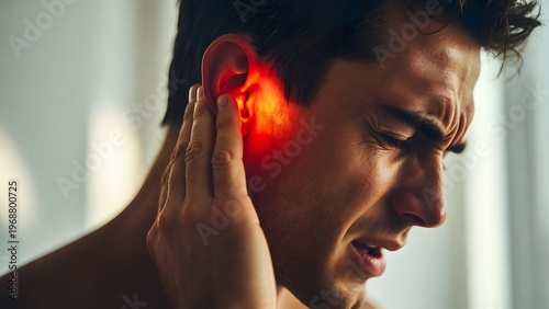 Sudden ear trauma and eardrum rupture. Sharp auditory pain and tinnitus. Young man grimacing in severe discomfort while holding his inflamed ear with a red light effect