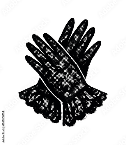 Black lace gloves presented as a dark ornamental silhouette, cuffs and finger shapes clearly defined, lace