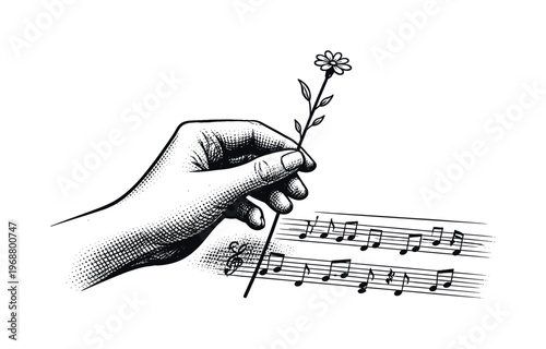 Hand with Flower. A human hand holding a thin flower stem across a sheet of music, focusing only on the hand,