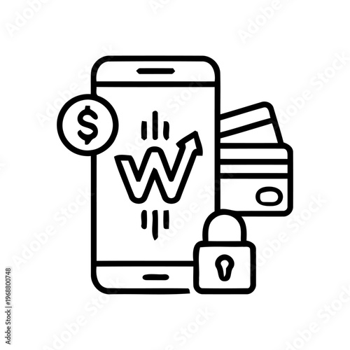 Comprehensive digital wallet outline showing smartphone with wealth growth graph, secure padlock, and credit cards vector