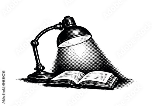 A vintage desk lamp casting light onto an open book beneath it, focusing only on the lamp and book,