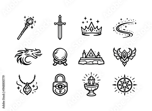 Fantasy magic. Line outline icon set of Fantasy magic: wizard staff, enchanted sword, magic crown, fairy dust