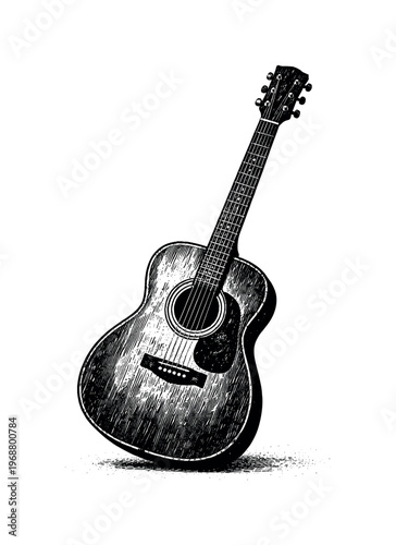 Vintage Guitar Illustration. A worn acoustic guitar leaning slightly to one side, rendered in black and white