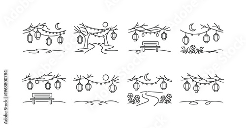 SPRING FESTIVAL LANTERNS IN PARK TREES. Minimalistic set one-line drawing hanging lanterns in trees, tree
