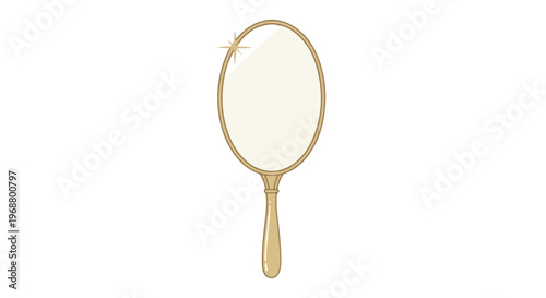 A gold handheld mirror with an oval shape and handle against a white background.