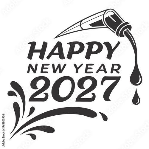 A stylized graphic depicts a dripping ink pen writing happy new year 2027 with flourishing decorative elements high quality professional