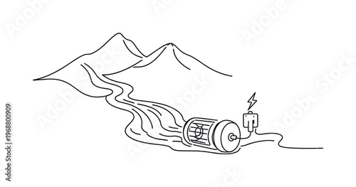 Renewable Water Power. Minimalistic one-line drawing compact hydro generator connected to a mountain stream