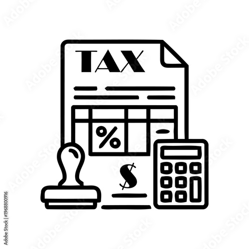 Tax return document outline with calculator, rubber stamp and dollar symbol for corporate accounting and financial audit vector