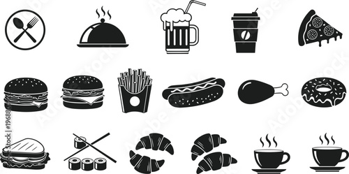 A collection of black silhouette icons displays various popular food items including burgers pizza sushi and beverages high quality professional detailed modern elegant