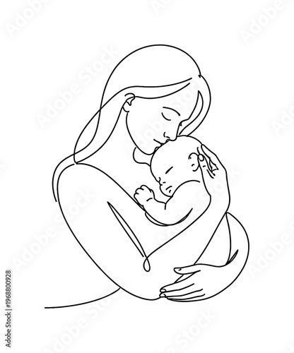 Pure Care. Minimalistic one-line drawing mother embracing a newborn in a calm nurturing pose, continuous