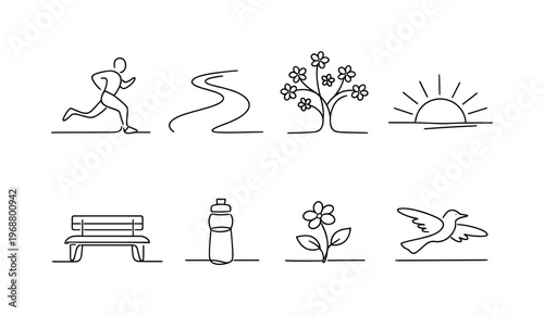 Minimalist Park Run. SPRING RUN IN PARK SCENE. Minimalistic set one-line drawing runner, curved path, blooming
