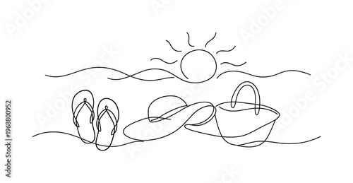 Sunny Relax Vibes. Minimalistic one-line drawing beach accessories with flip-flops and sun implied through