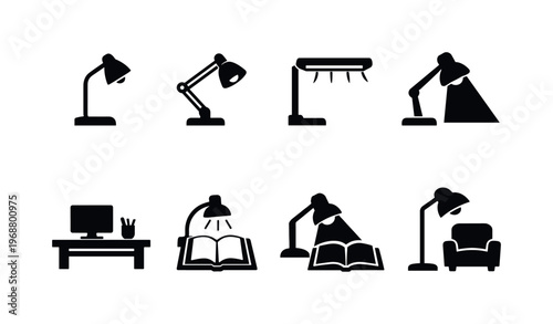 Desk lighting. Filled icon set of Desk lighting: minimalist desk lamp, swing arm lamp, LED desk light, task