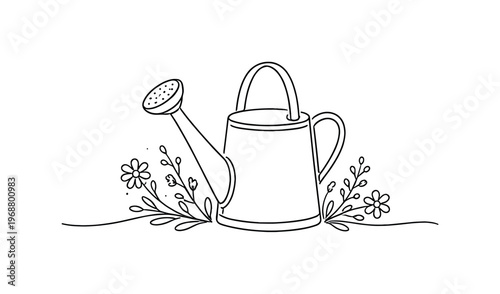 "Decorative Watering Can". Minimalistic one-line drawing small watering can with flowers sprouting around base