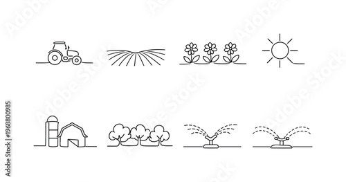 RURAL FARM CULTIVATION SCENE. Minimalistic set one-line drawing tractor, cultivated field rows, blooming