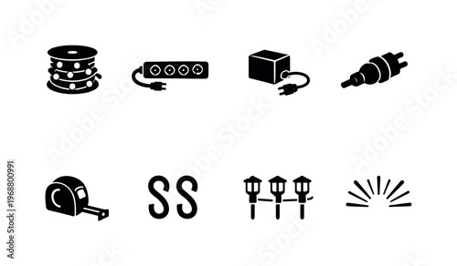 Festive lighting setup. Filled icon set of Festive lighting setup: light reel spool, power strip, transformer