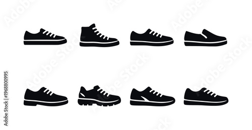 Casual Sneakers Collection. Filled icon set of Casual Sneakers Collection: canvas shoes, high top sneakers,