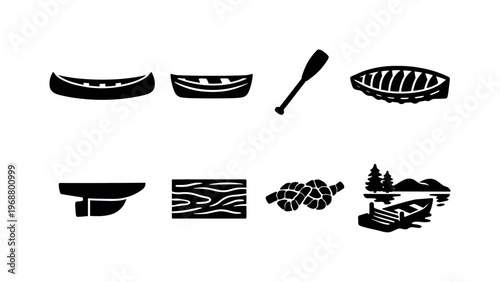 Handcrafted wooden boats and canoes. Filled icon set of Handcrafted wooden boats and canoes: wooden canoe,