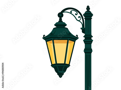 An illustration of a green street lamp with a yellow light on a white background