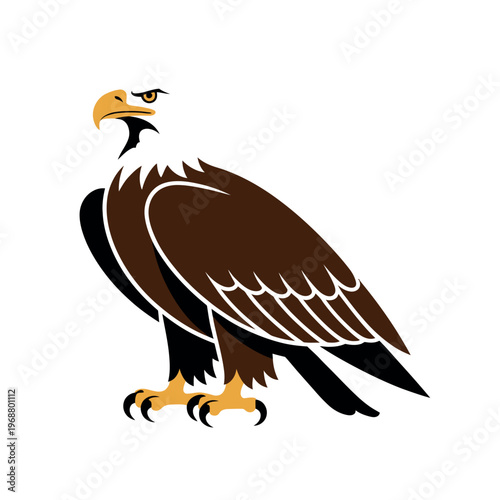 A majestic bald eagle stands proudly with its sharp talons and piercing gaze on a clean white background.