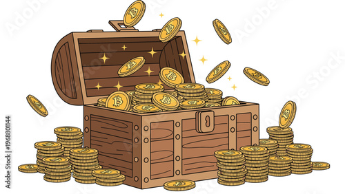 Wooden treasure chest overflowing with golden Bitcoin coins, symbolizing digital wealth, cryptocurrency success, and fortune.