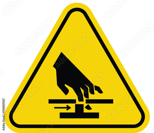 Crushing hazard warning sign hand being caught in machinery safety symbol for industrial danger isolated on white background