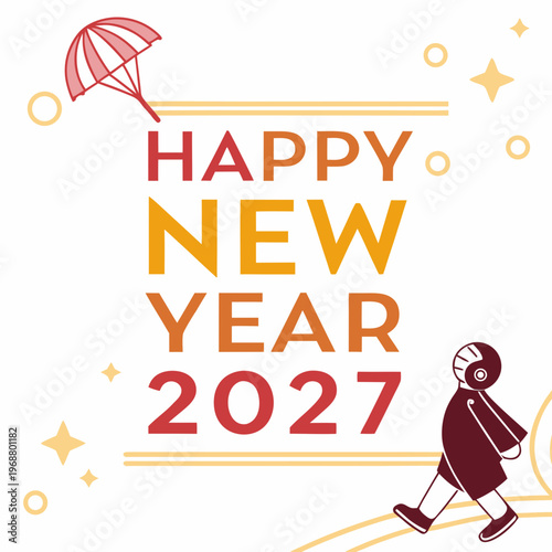A vibrant new year illustration features a skydiver a parachute and celebratory text with sparkling stars high quality professional detailed