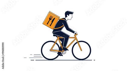 Bicycle delivery courier riding fast with orange thermal food backpack featuring fork and knife icons on white background.