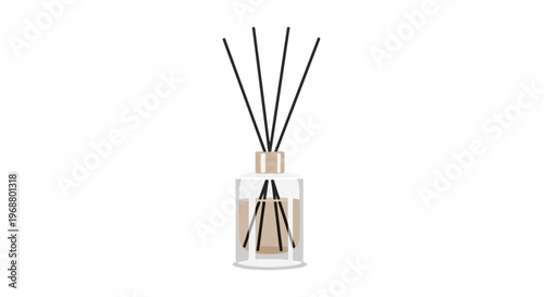 Glass bottle of home fragrance with wooden lid and black sticks on a white background
