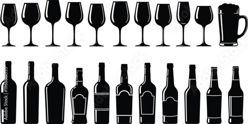 A collection of silhouetted glassware and bottles is displayed in a minimalist black and white arrangement showcasing beverage containers high quality professional detailed