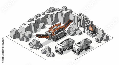 Isometric Mining Operation With Heavy Machinery And Trucks.
