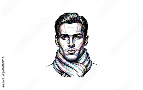 Striking portrait of a man with a colorful scarf and intense blue eyes