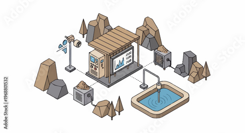 Isometric illustration of a modern gas station with digital displays.
