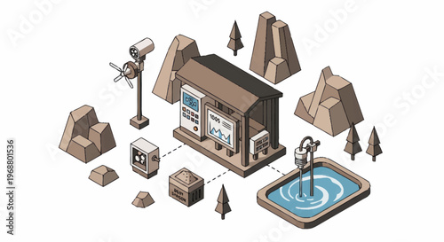 Isometric illustration of a water treatment facility with surrounding elements.