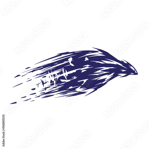 Dark blue silhouette of an american football ball in motion with jagged brush stroke speed lines and a distressed texture on a white background