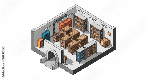 Isometric View of a Storage Room Filled with Boxes and Shelving.