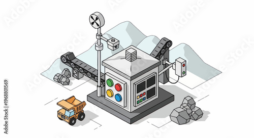 Isometric Industrial Mining Processing Unit with Conveyor Belt.