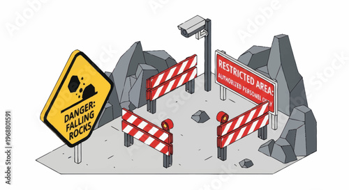 Danger Falling Rocks Area Secured with Warning Signs and Barriers.